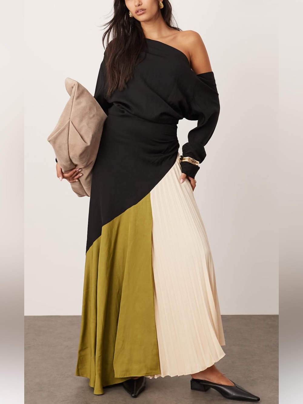 ASOS NWT DRESS with Pleated Panel - Black, Olive & Cream